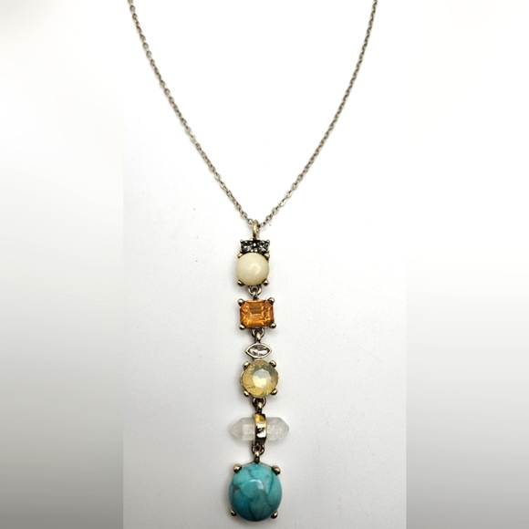 ๐ข3/$19๐ข LOFT Long Gemstone Necklace Gold Tone Real Quartz Faux Turquoise - Picture 4 of 7